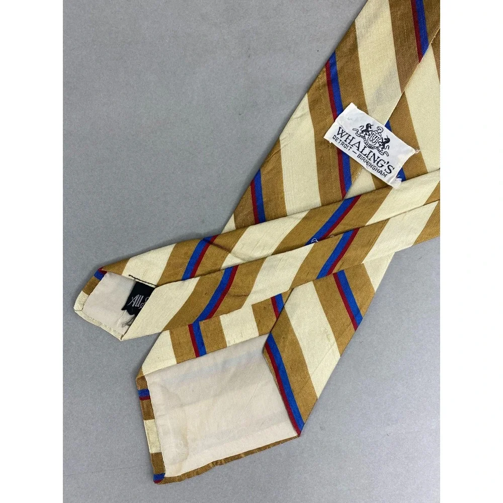 Whaling's Mens Silk Tie Gold Cream Blue Burgundy Striped Professional 57x4